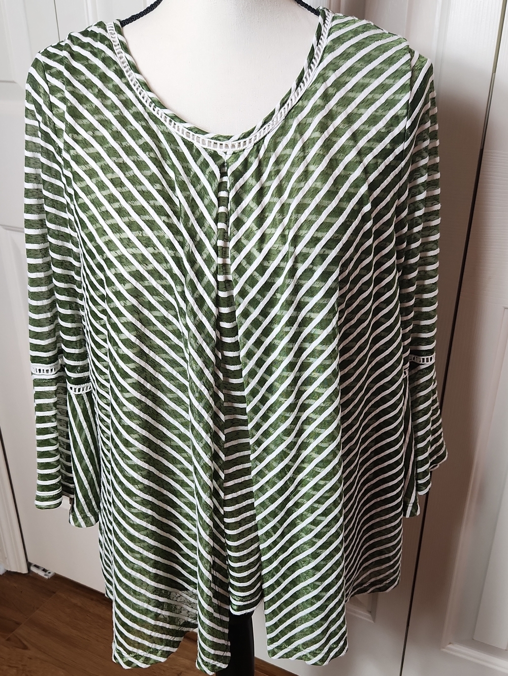 new directions Olive and White Striped Tunic with Crochet Trim, Size PXL